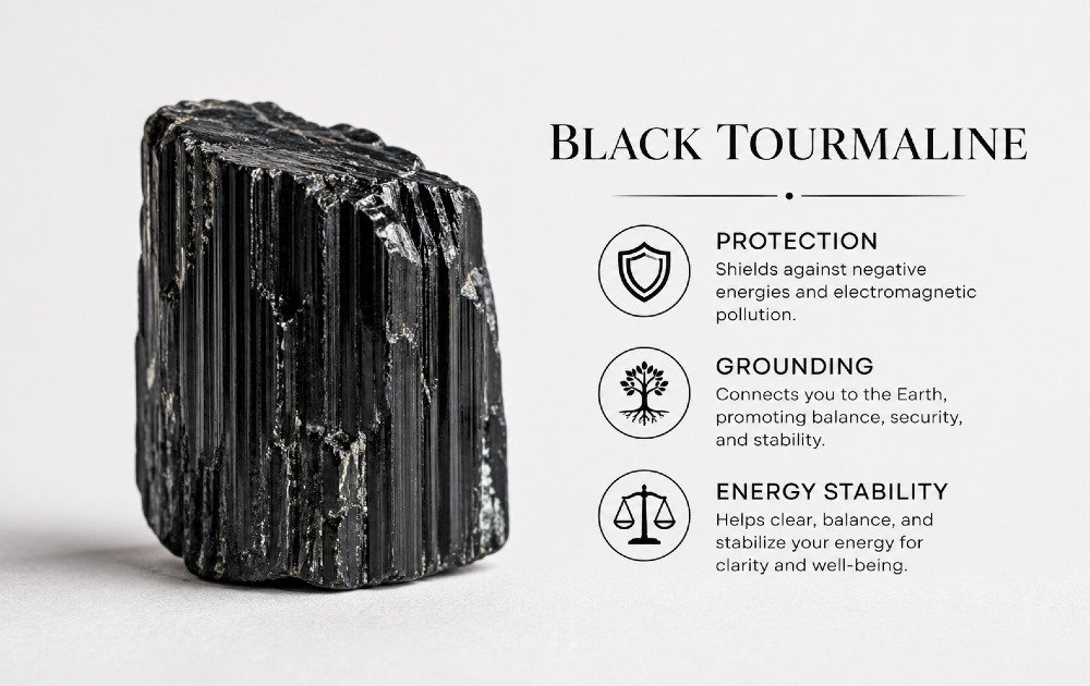 Black tourmaline crystal on a neutral background, symbolizing protection, grounding, and energy balance