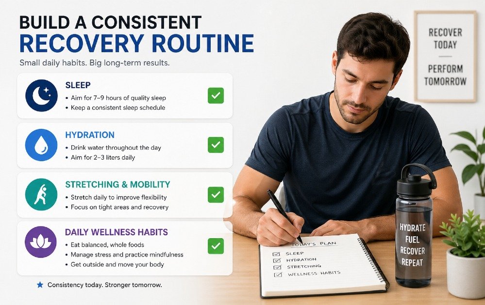Person following a structured post-workout recovery routine including stretching, hydration, and rest for better fitness results