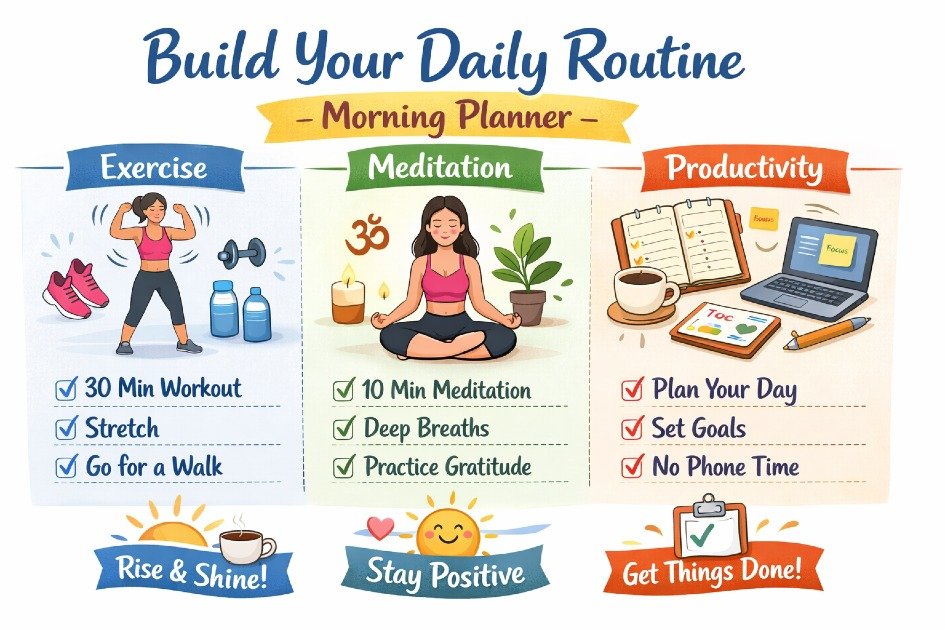 Morning planner with healthy habits: exercise, meditation, and productivity tools.