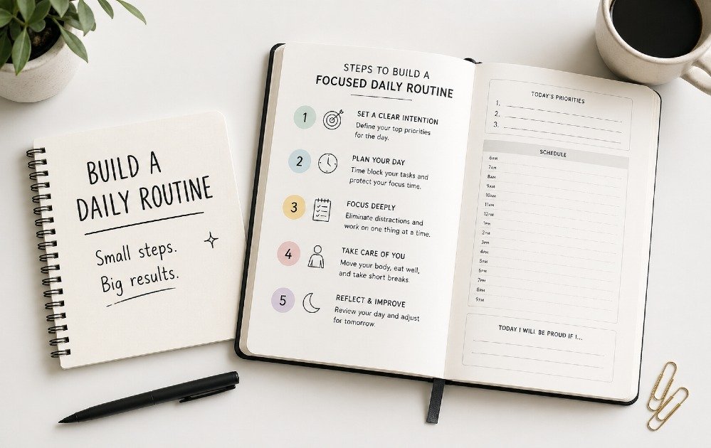 Minimal desk setup with notebook and planner highlighting steps to build a focused daily routine.