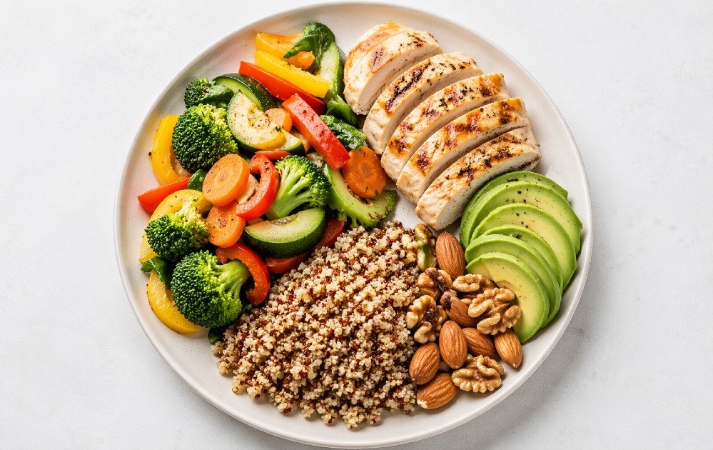Balanced plate of whole foods with vegetables, lean protein, whole grains, and healthy fats