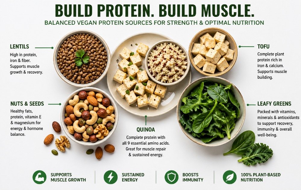 Balanced vegan protein sources including lentils, tofu, quinoa, nuts, and leafy greens arranged for muscle building and optimal nutrition.