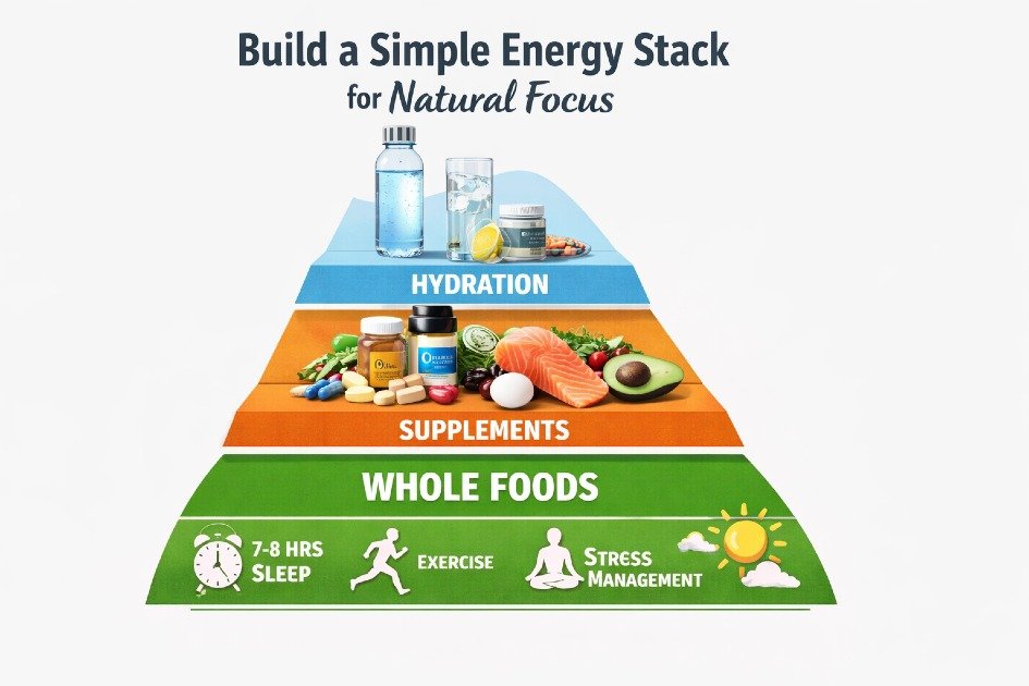 Simple energy stack with water, whole foods, supplements, and daily habits arranged for sustained energy and focus