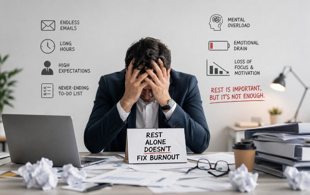 Exhausted professional sitting at a desk with head in hands, symbolizing burnout that rest alone cannot resolve.