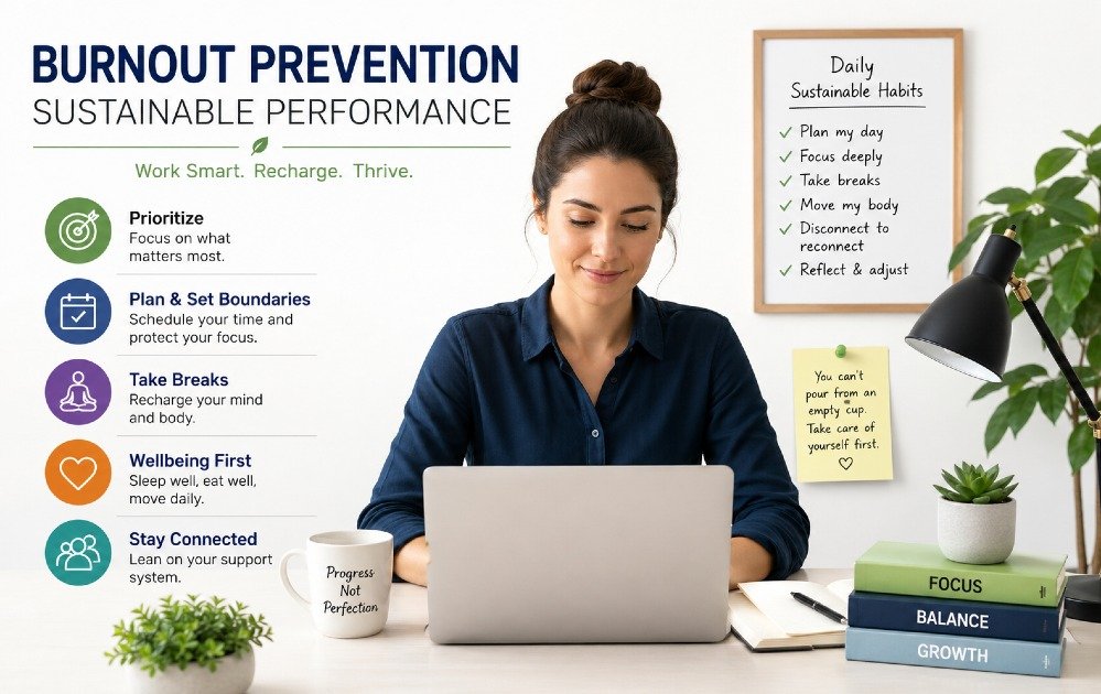 Professional workspace showing calm, focused individual practicing healthy work habits to prevent burnout and maintain long-term productivity