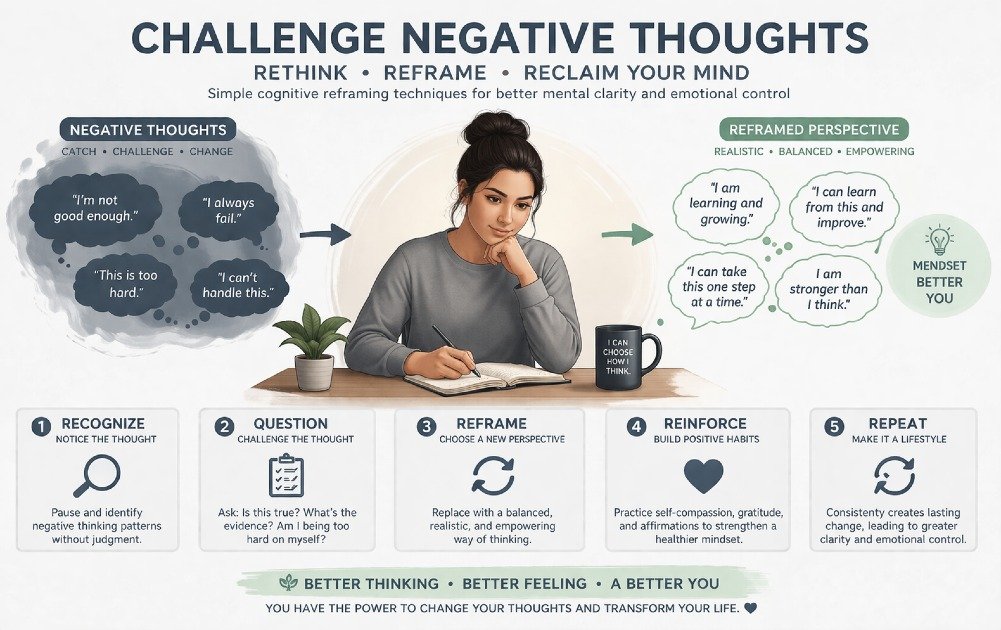 Person challenging negative thoughts using cognitive reframing techniques for better mental clarity and emotional control