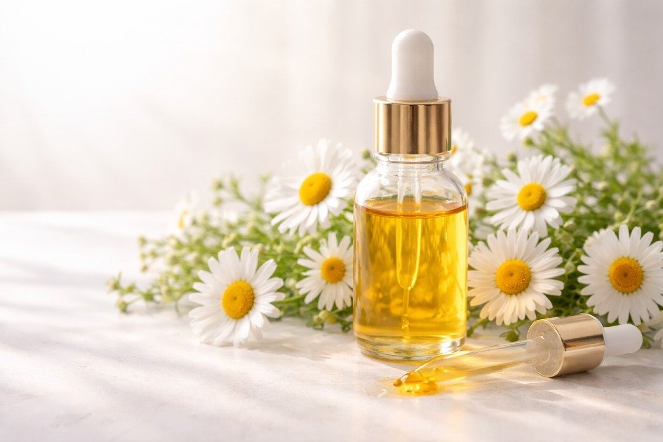 Golden chamomile essential oil in a glass dropper, promoting calm and restful relaxation.