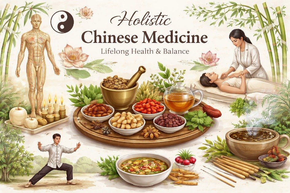 Ancient Chinese medicine herbs and acupuncture tools promoting holistic health and wellness.