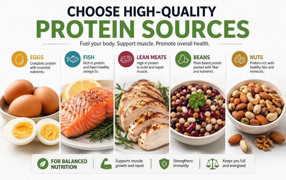 High-quality protein sources including eggs, fish, lean meats, beans, and nuts for balanced nutrition