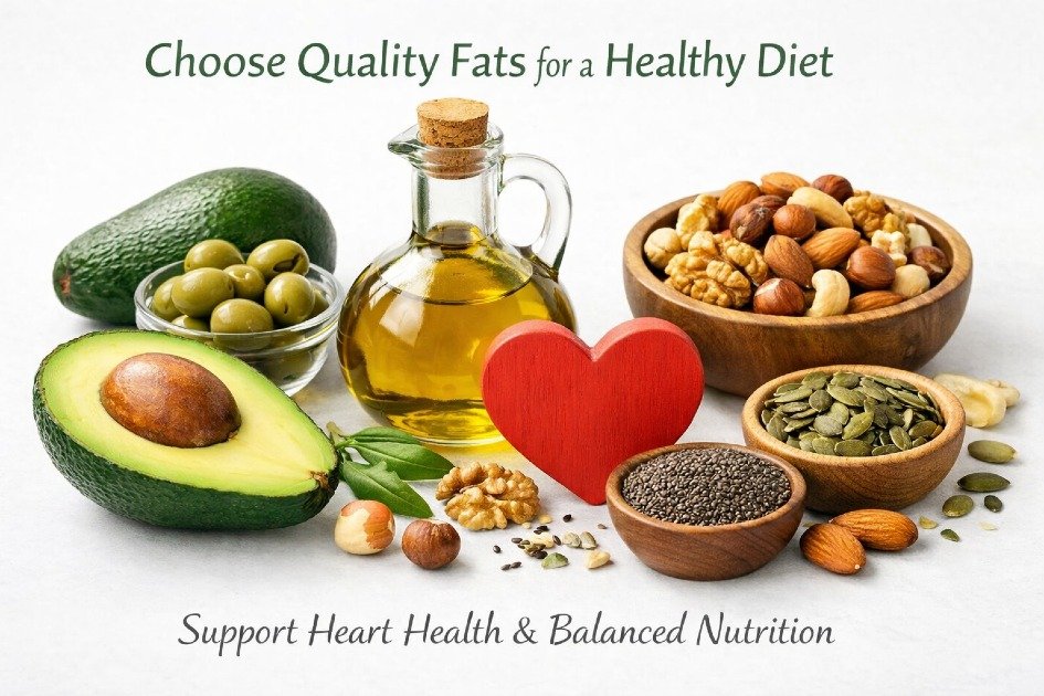 Healthy fats selection with avocado, olive oil, nuts, and seeds supporting heart health and balanced nutrition