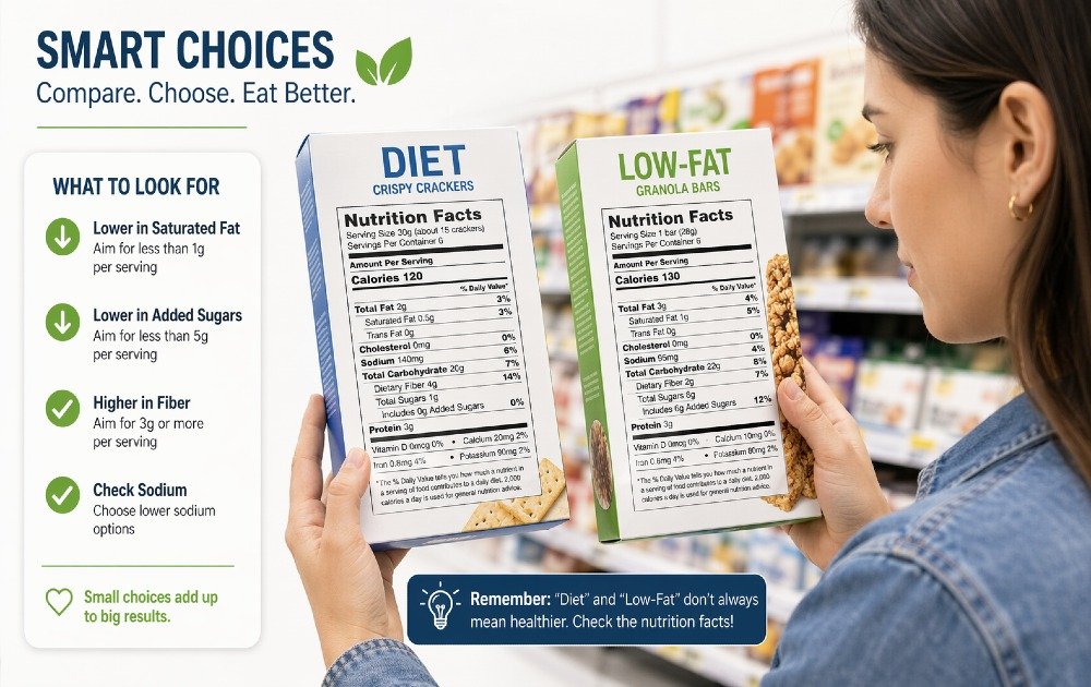 Carefully selecting packaged foods labeled “diet” or “low-fat” while comparing nutrition facts for healthier eating choices