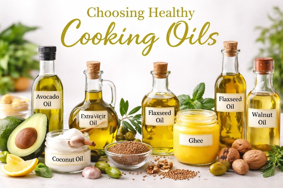 Selection of healthy cooking oils in bottles and jars, highlighting options for nutrition and wellness.