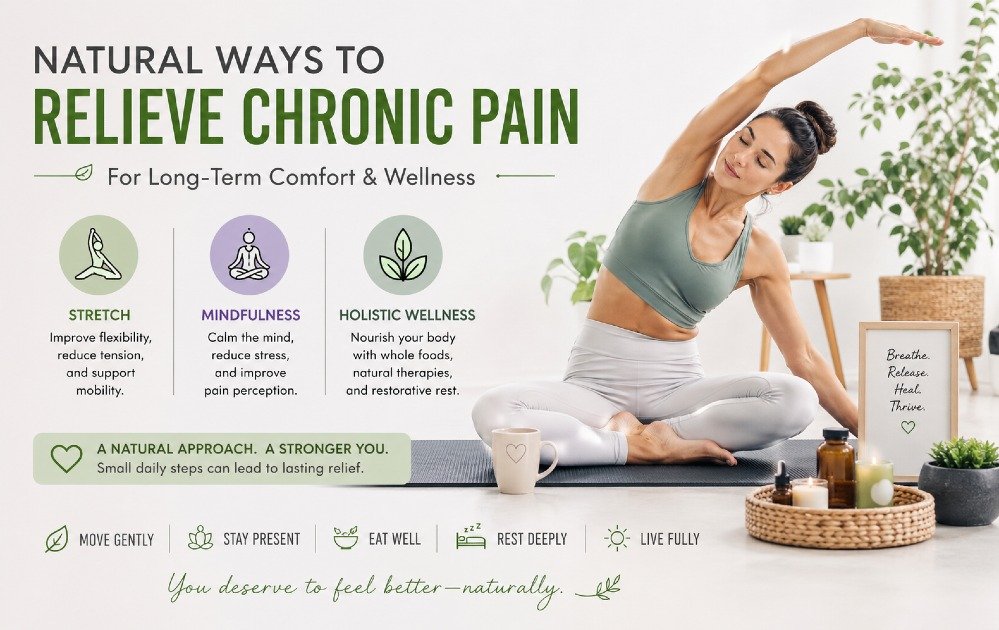 Person practicing natural chronic pain relief techniques through stretching, mindfulness, and holistic wellness for long-term comfort