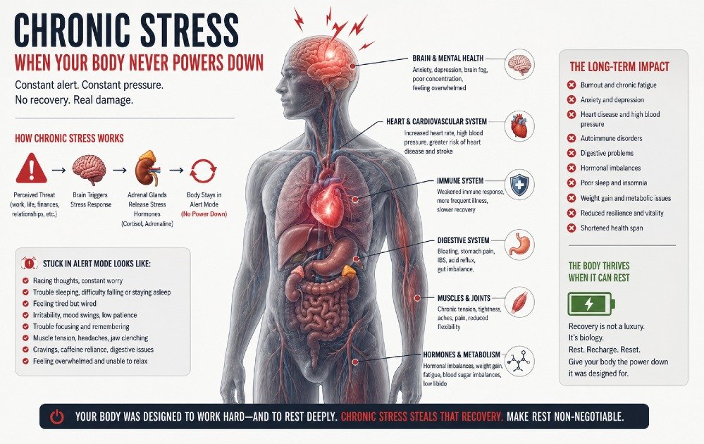 Chronic stress and its impact on a body that remains in constant alert mode without proper recovery