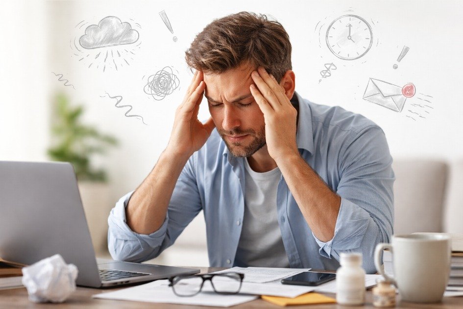 Stressed adult holding head in hands, overwhelmed by chronic stress at work and life.