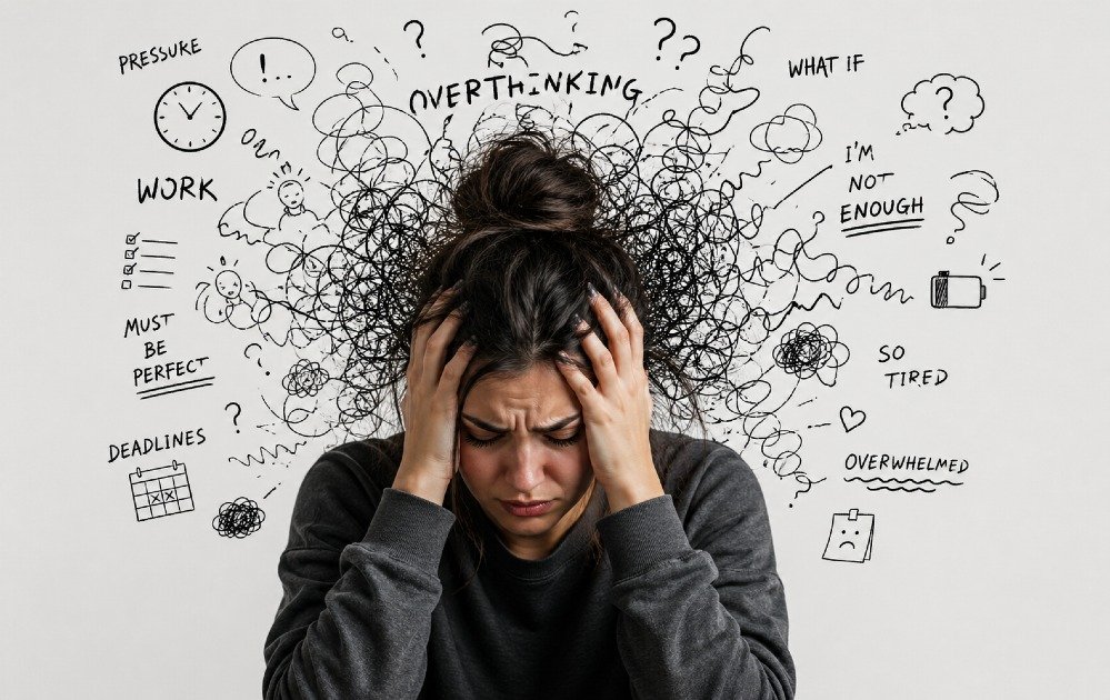 Person overwhelmed by chronic stress and overthinking, holding head in hands in a dim, anxious setting