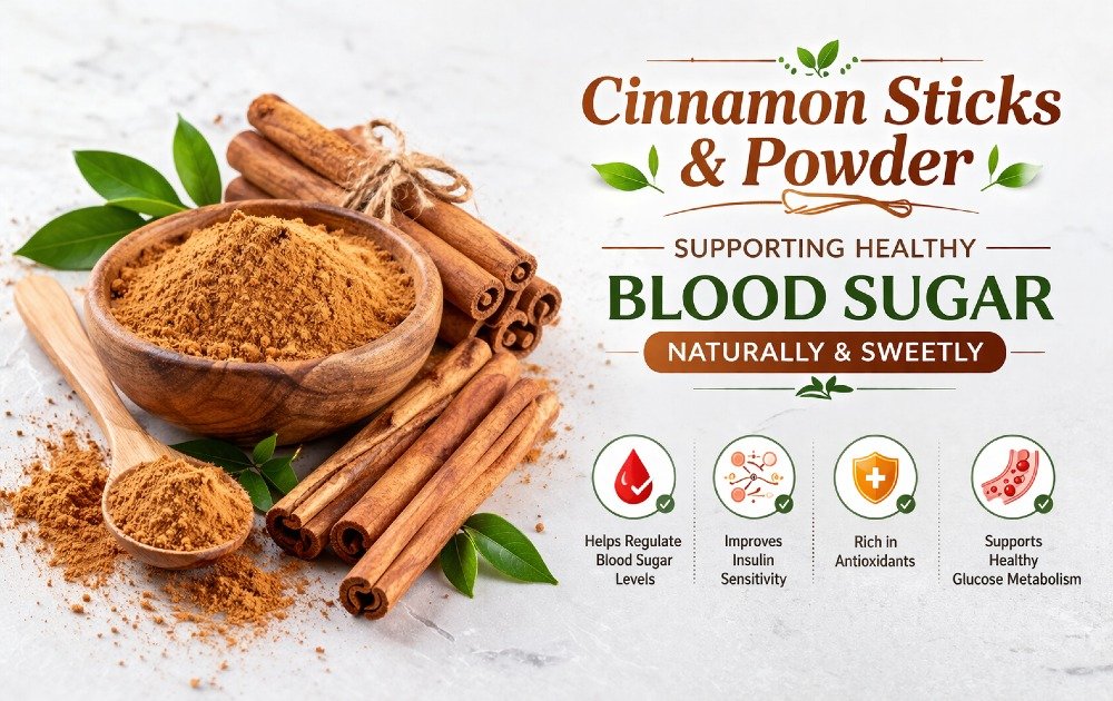 Cinnamon sticks and powder supporting healthy blood sugar naturally