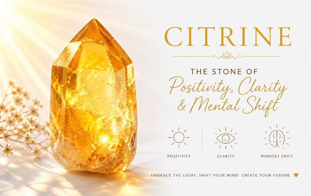 Citrine crystal glowing in warm light, symbolizing positivity, clarity, and a powerful mental shift