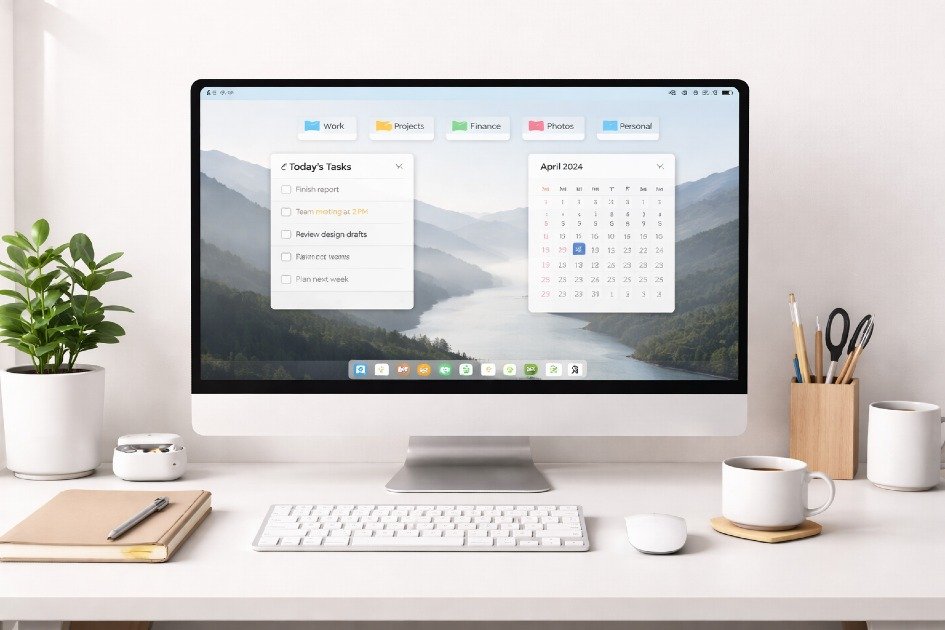Organized digital workspace with clutter-free folders, clear desktop, and streamlined apps for productivity.