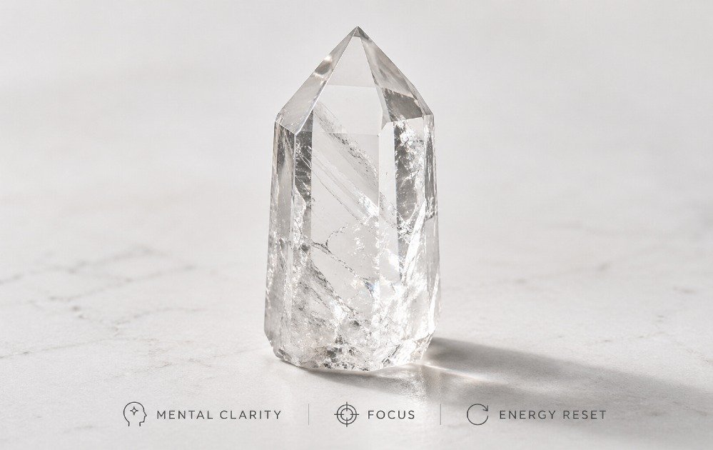 Clear quartz crystal on a neutral background, symbolizing mental clarity, focus, and energy renewal.