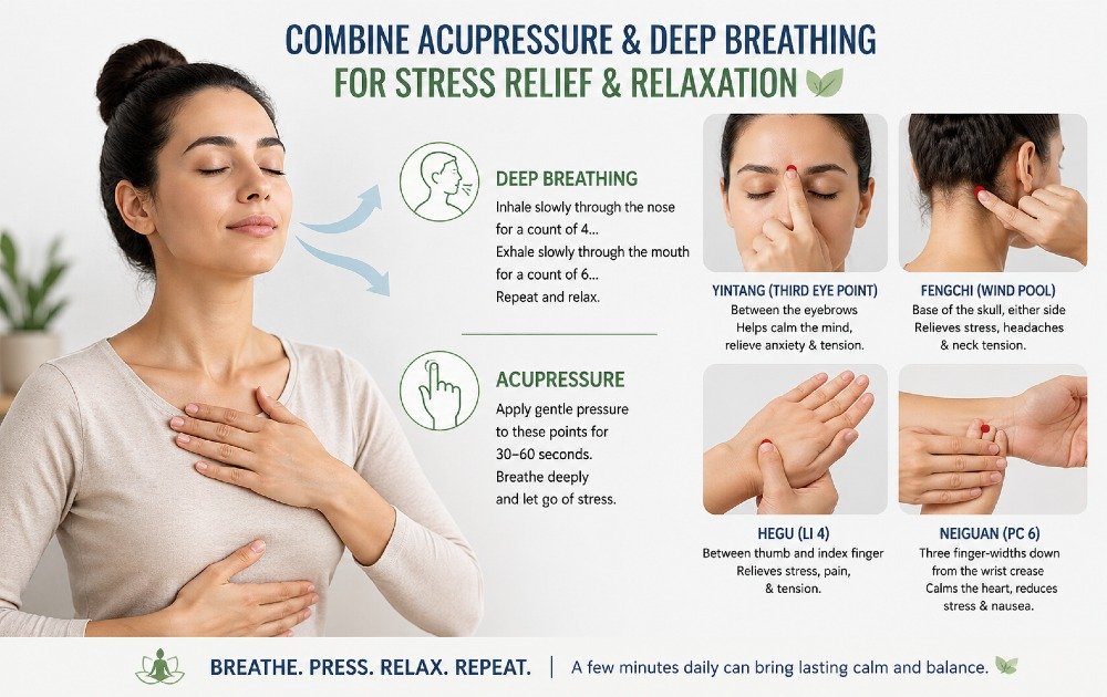 Hands applying acupressure points while a person practices deep breathing for stress relief and relaxation.