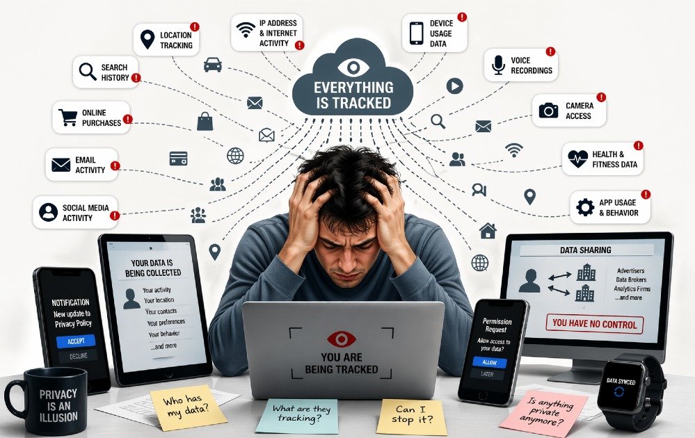 Person overwhelmed by constant digital tracking across devices, symbolizing data overload and privacy concerns.