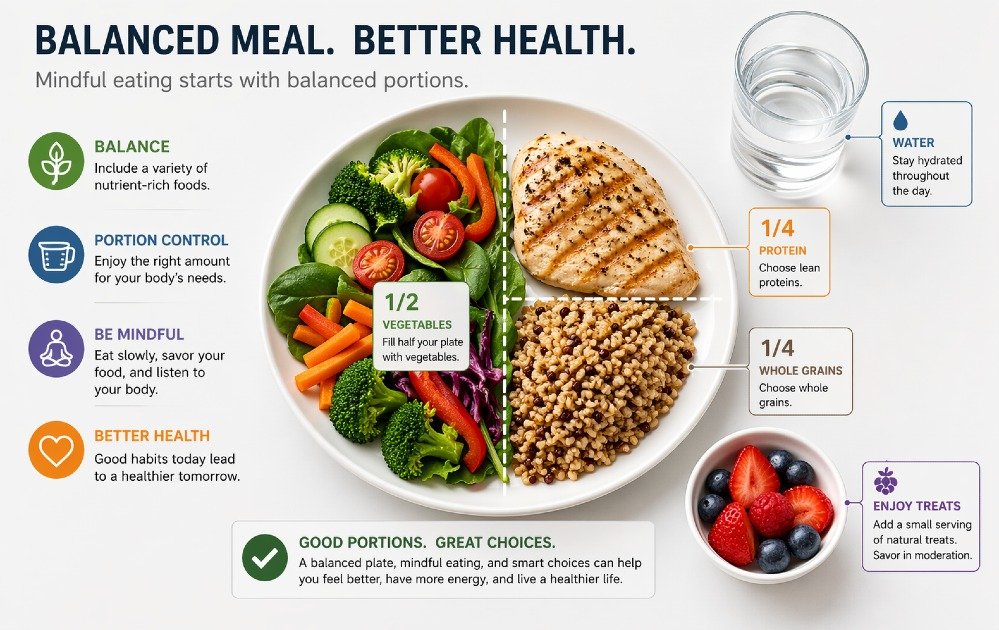 Balanced meal with measured portions, highlighting mindful eating and portion control for better health.
