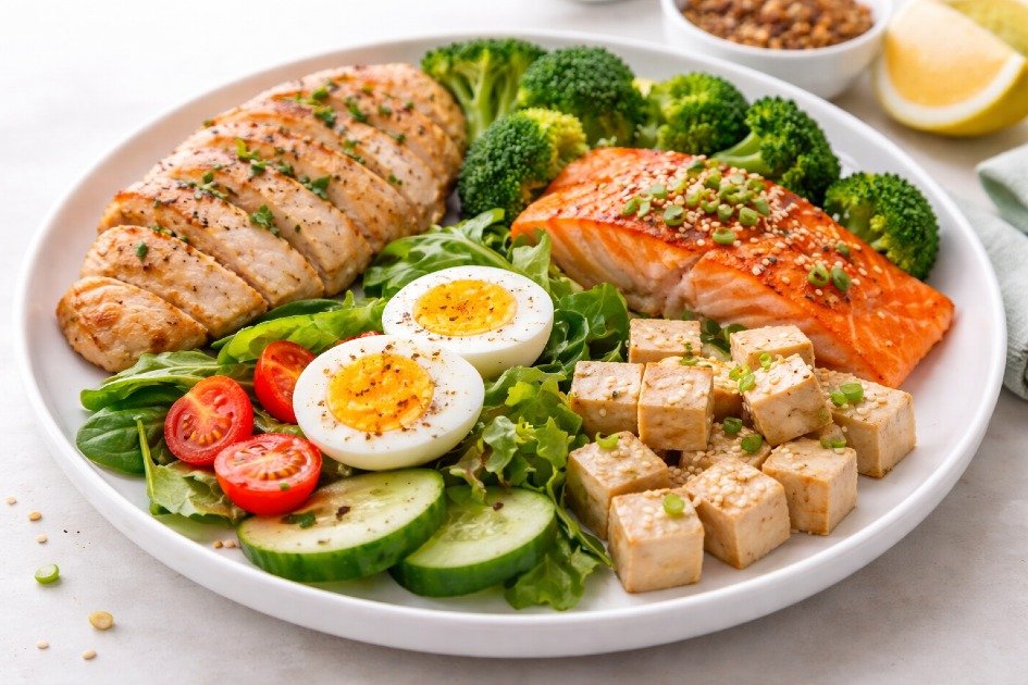 Balanced protein portions on a clean plate to support healthy nutrition and prevent overconsumption