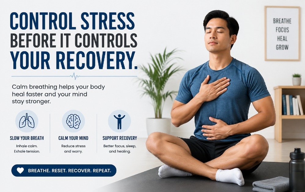 Person sitting calmly in a quiet space, practicing deep breathing to reduce stress and support physical and mental recovery