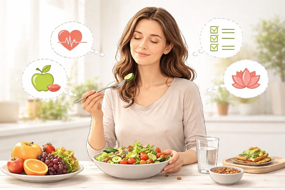 Woman calmly managing food choices, practicing mindful eating to reduce anxiety