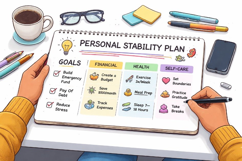 Person mapping out a personal stability plan with clear goals and actionable steps