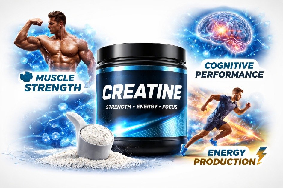 Creatine supplement powder supporting muscle strength, energy production, and cognitive performance