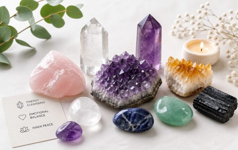 Healing crystals arranged in soft natural light, symbolizing energy cleansing and inner peace