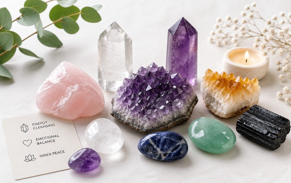 Healing crystals arranged in soft natural light, symbolizing energy cleansing and inner peace