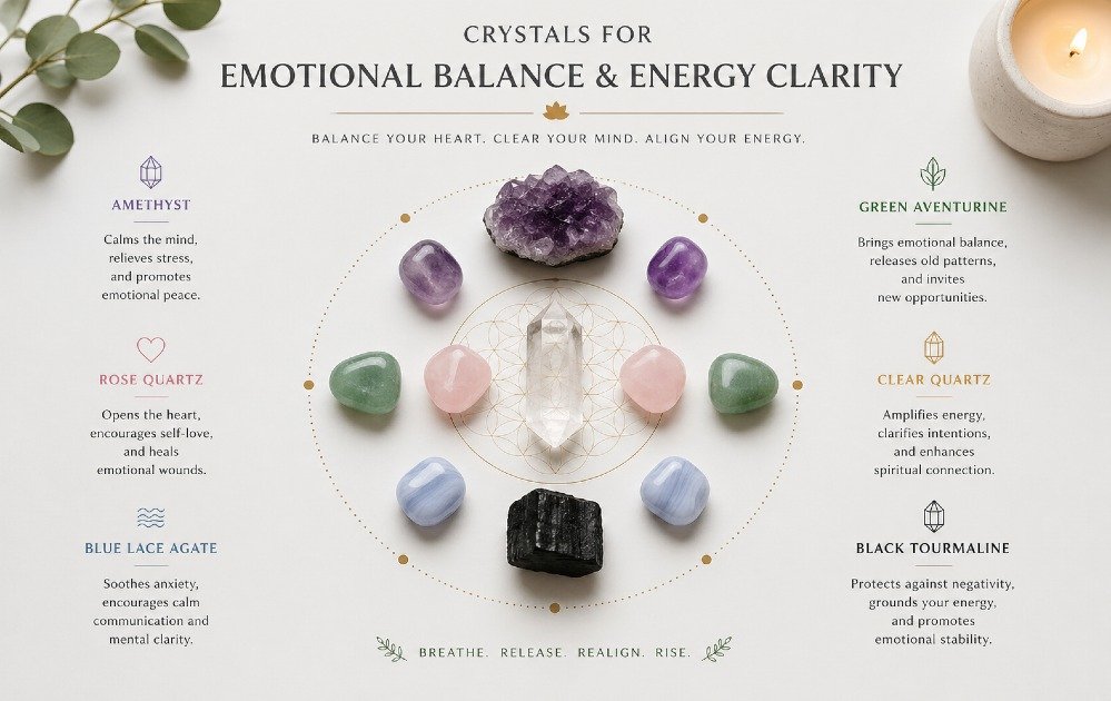 Crystals arranged for emotional balance and energy clarity, promoting calm focus and inner stability