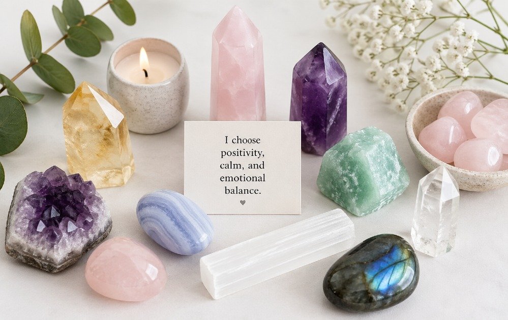 Colorful healing crystals arranged for positivity, peace, and emotional balance.