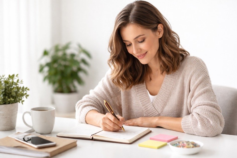 Woman writing in a notebook, practicing a daily brain dump to clear her mind and boost focus.
