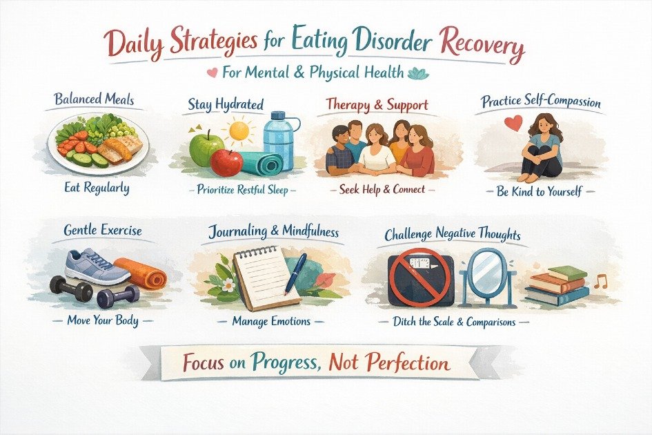 Daily strategies and routines supporting eating disorder recovery for mental and physical health.