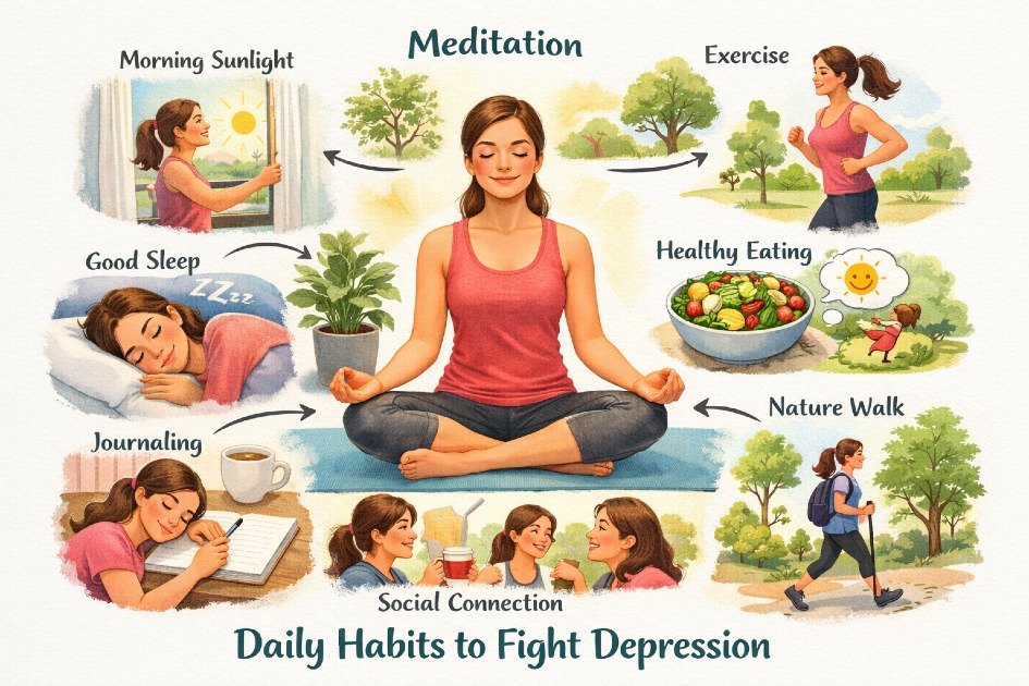 Woman practicing healthy daily habits to boost mood and fight depression naturally.