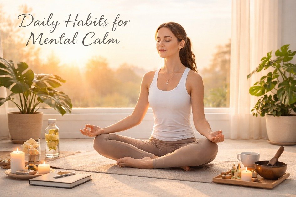 Woman meditating at sunrise, practicing daily habits for mental calm and stress relief