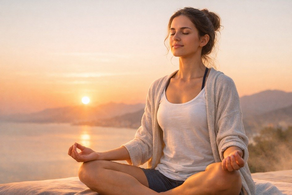 Woman practicing mindful breathing at sunrise to reduce anxiety