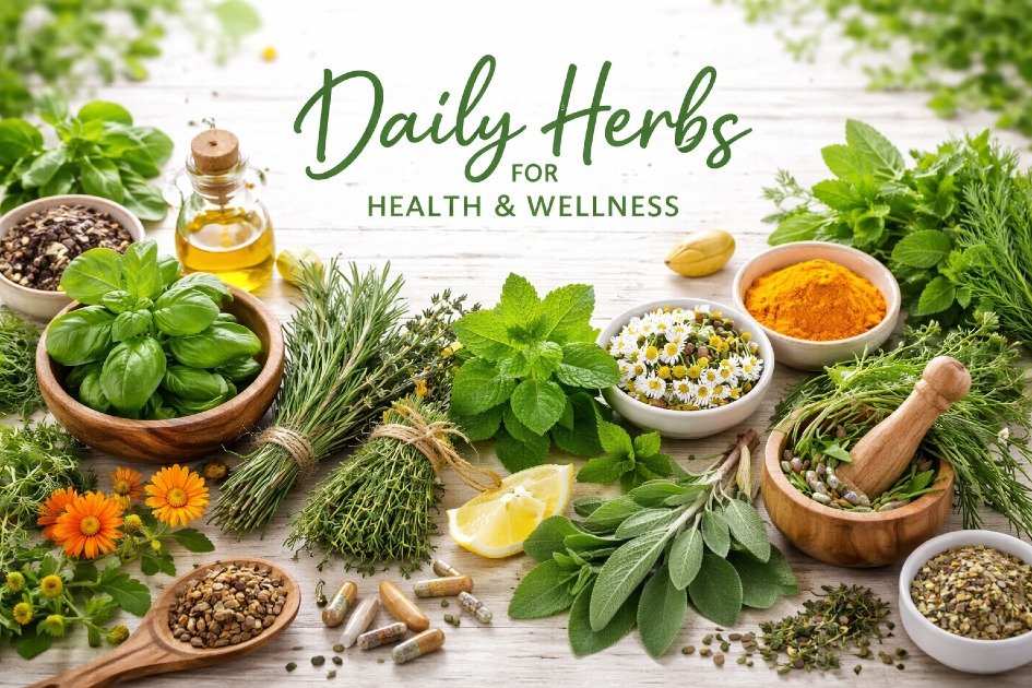 Fresh medicinal herbs on a wooden table promoting daily health benefits and natural wellness.