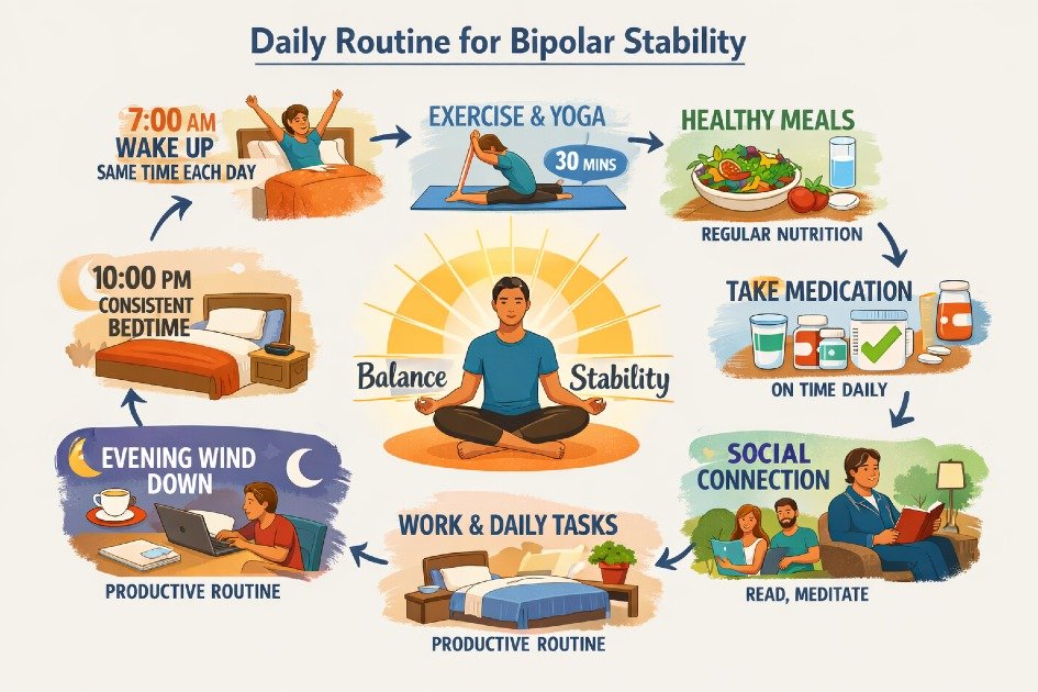 Person following a structured daily routine to manage bipolar disorder and maintain emotional stability.