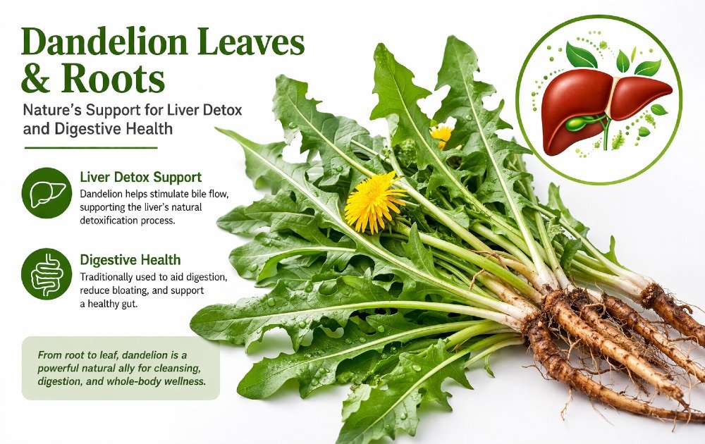 Fresh dandelion leaves and roots promoting liver detox and digestive health