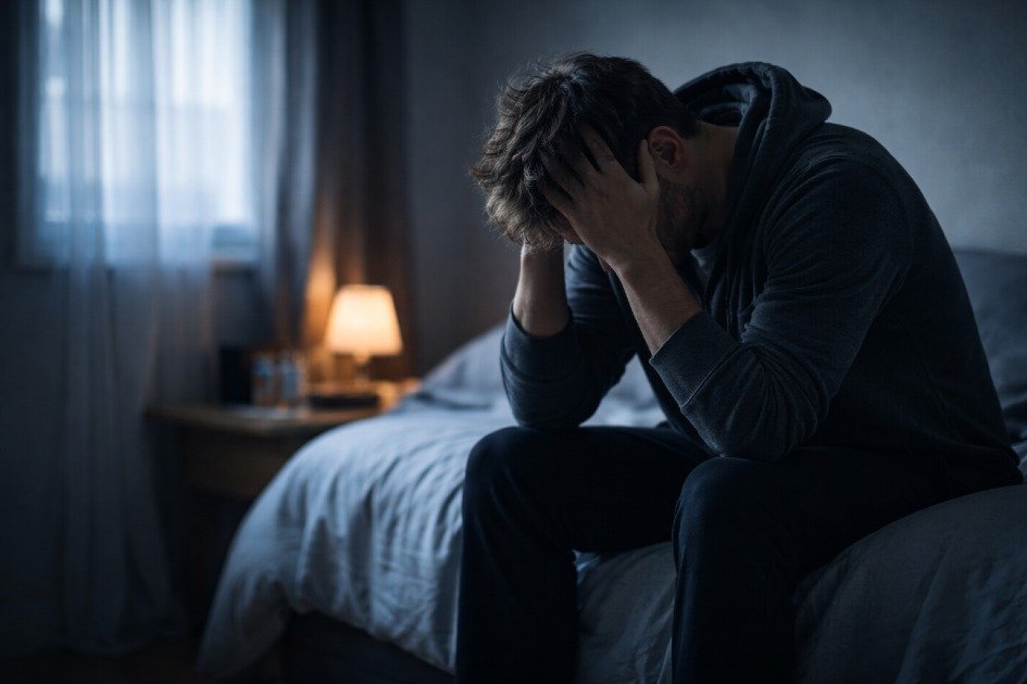 Person sitting alone in a dim room, reflecting the emotional weight and isolation of depression