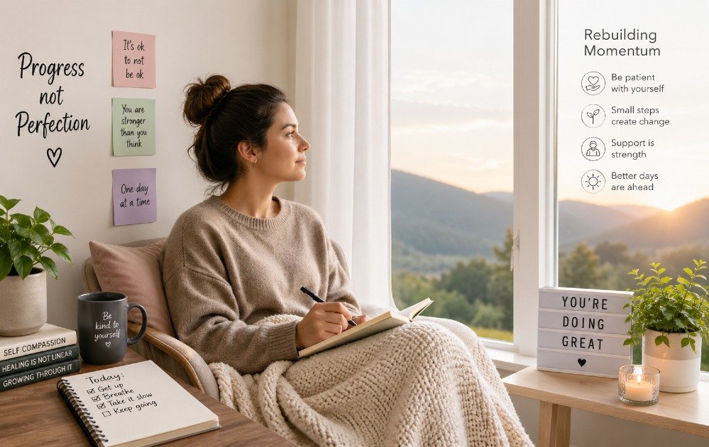 Person taking a calm moment to reflect while recovering from depression, symbolizing emotional support and rebuilding daily momentum.