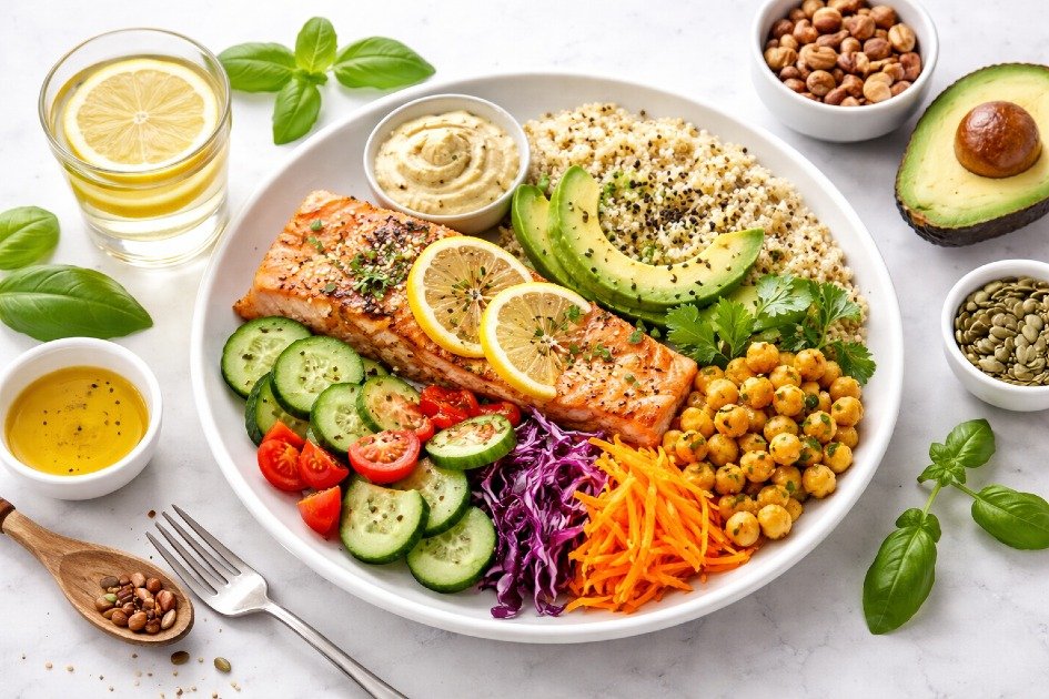 Healthy meal on a plate representing balanced dietary therapy for mind and body wellness.
