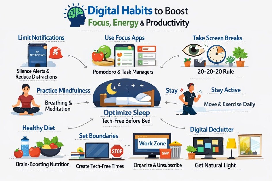 Evidence-based digital habits enhancing focus, energy, and productivity.