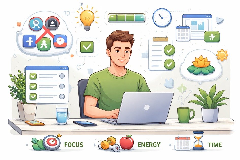 Person minimizing screen distractions and organizing digital tools to improve focus, energy, and daily productivity