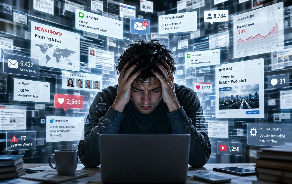 A person surrounded by glowing digital screens and notifications, visually representing mental overload from nonstop information and technology.